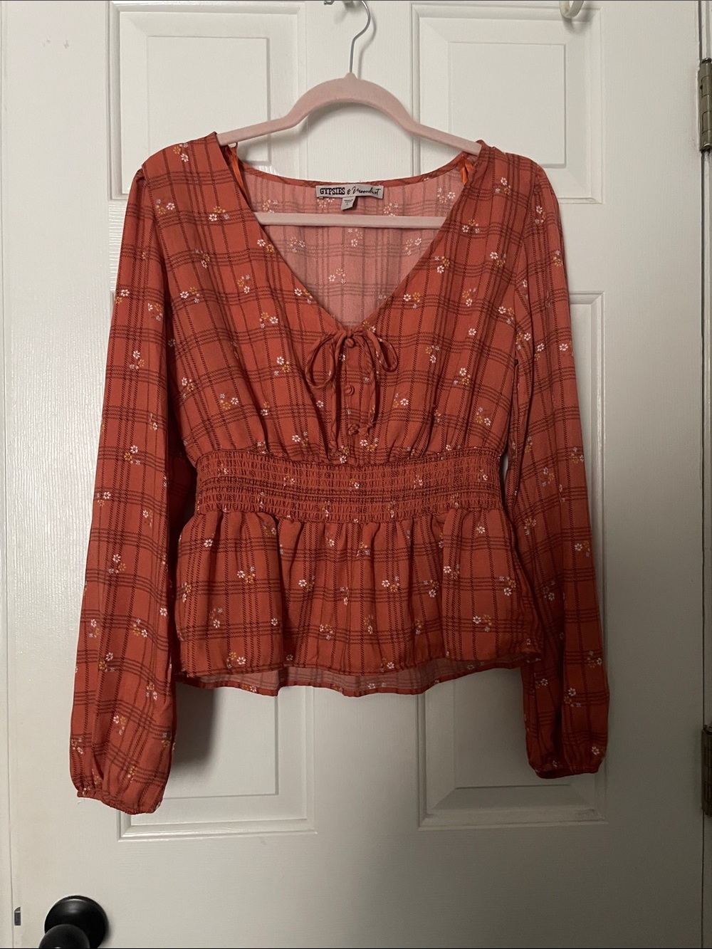 Gypsies & Moondust Rust Plaid Tie-Front Smocked Peplum Blouse